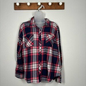 Faded Glory Red Blue White Plaid Button Up Flannel Cabincore Size LG